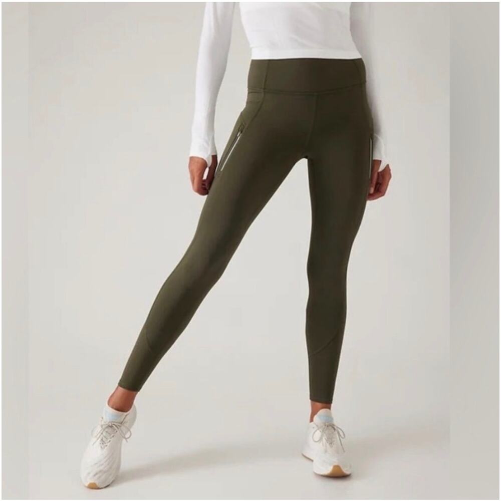 Athleta Leggings Womens Medium Tall Green Rainier Cold Sport Athletic Brushed